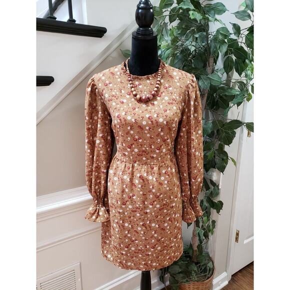 Est 1946 Women's Brown Lined Floral Long Sleeve Crew Neck Shift Dress Size Large - Picture 13 of 13